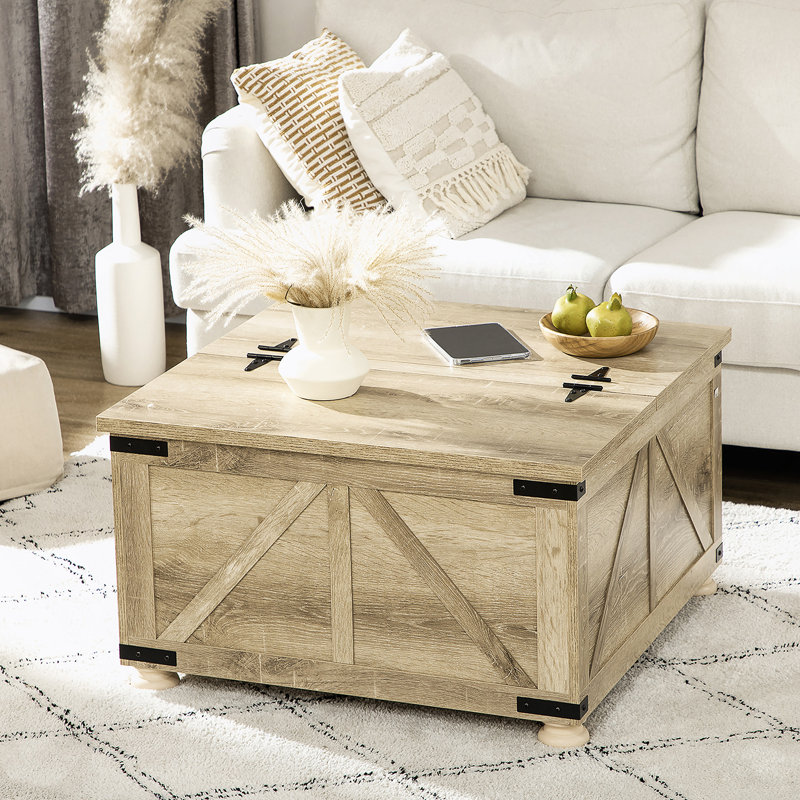 Table basse Farmhouse, table basse carrée avec rangement pour le salon, Naturel