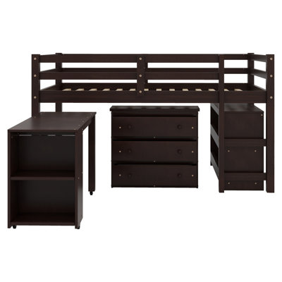 Low Study Loft Bed With Drawers,Shelves And Rolling Portable Desk