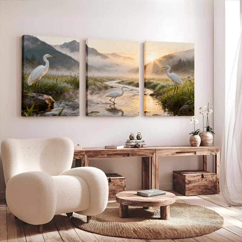 Ensemble de 3 tableaux sur toile tendue représentant un héron blanc dans un ruisseau de montagne, H 18 po x l 36 po