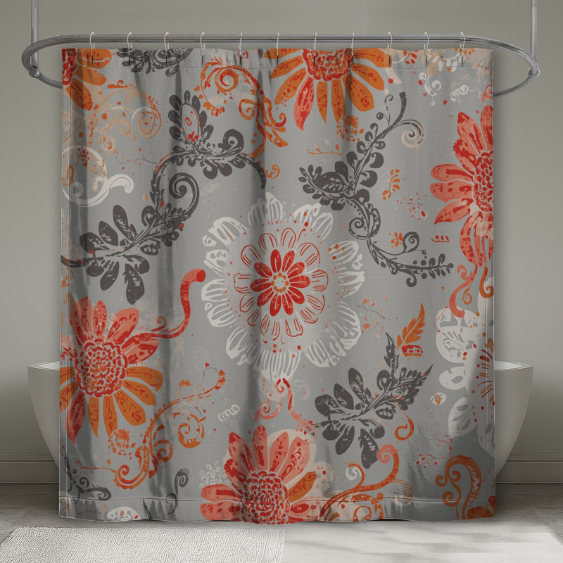 Rideaux de douche orange et gris à motif floral très longs, 70 po L x 72 po H
