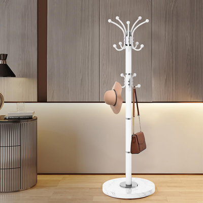 Portemanteau autoportant en métal blanc moderne, rotatif à 360 ° avec base en marbre naturel et 16 crochets, portemanteau pour vestibule