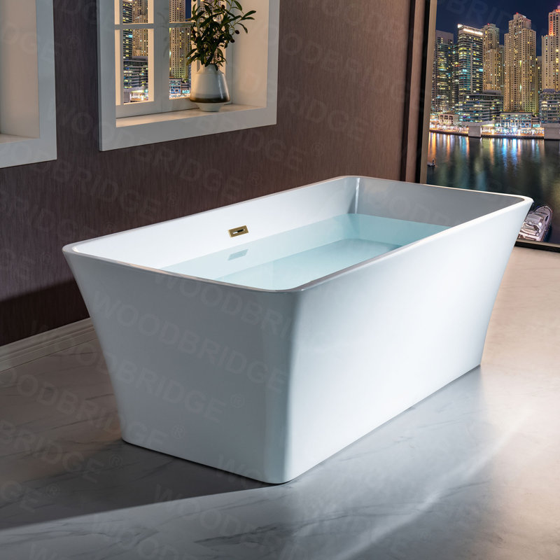 67'' x 31.5'' Rectangular Freestanding Soaking Acrylic Bathtub, White/Brushed Gold
