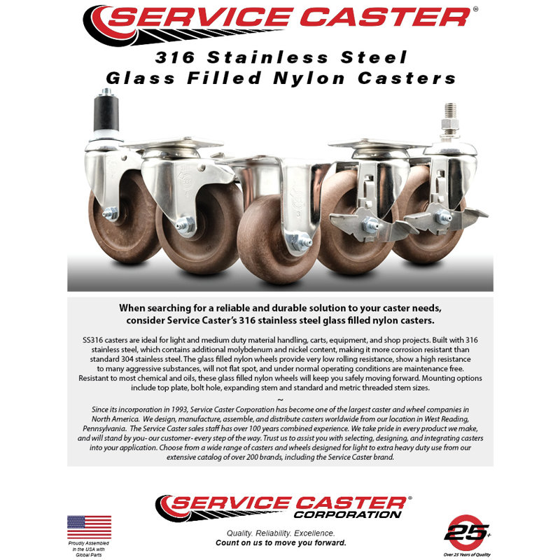 High Temp Glass Filled Nylon Swivel Bolt Hole Caster Set with Brake