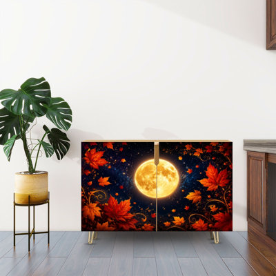 Buffet Buffet avec rangement Golden Full Moon Autumn Maple Leaves Dark Starry Night Fantasy Nature avec 2 portes pour le salon et la cuisine