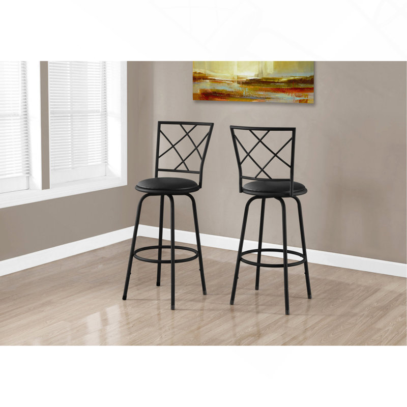 Bar Stool, Set Of 2, Swivel, Bar Height, Black Metal, Leather Look, Contemporary, Modern