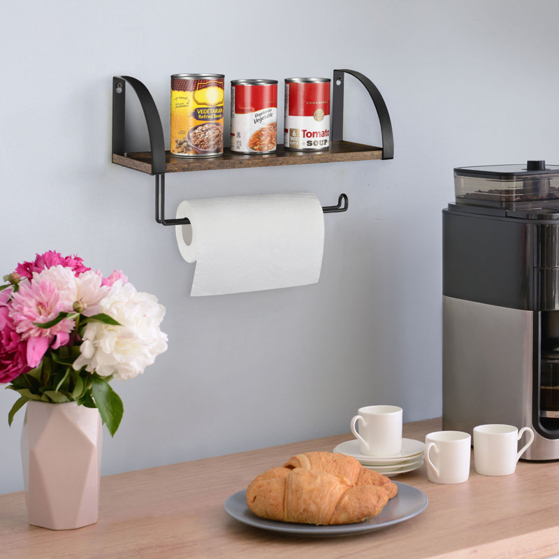Rustic Wood Wall Shelf with Paper Towel Holder Black Metal Frame