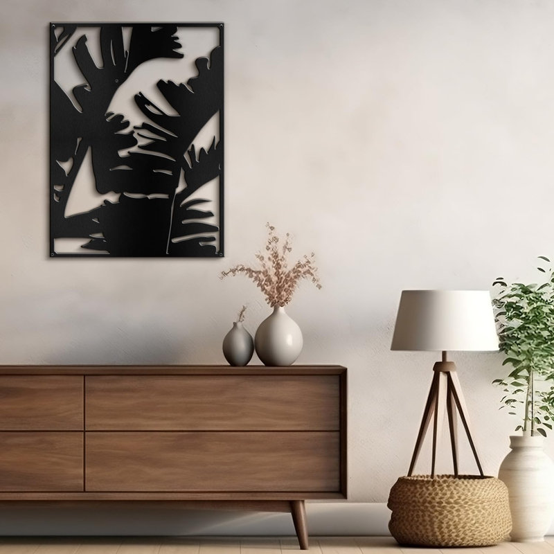 Décoration murale décorative murale en métal feuille de bananier tropical, H 18 po x l 13,43 po x P 0,05 po, Noir