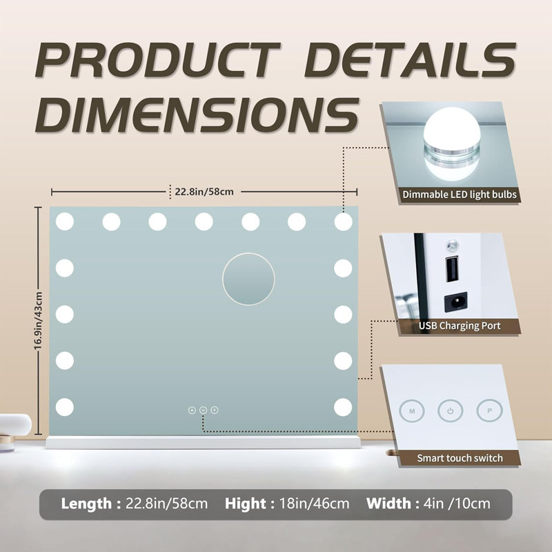 Miroir de salle de bain à DEL avec lumières - 15 ampoules à intensité variable, 3 modes de couleur, commande tactile, miroir grossissant 10X, port USB, cadre en métal robuste pour l'application de maquillage