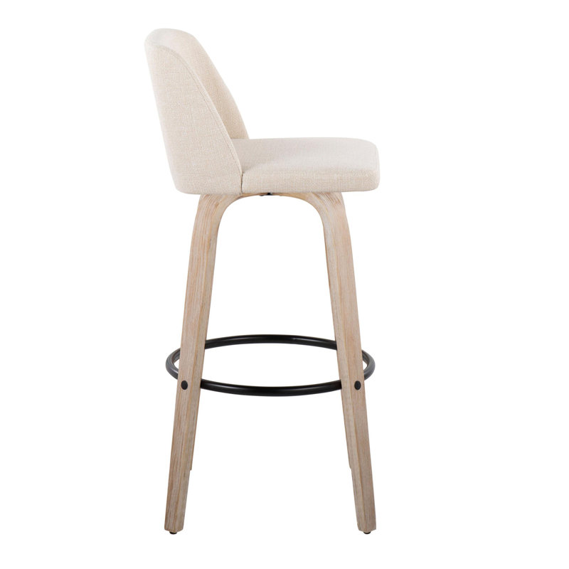 Tabouret de bar 30 po Mid-Century moderne à hauteur fixe avec pivot en bois blanchi et tissu crème avec repose-pieds rond en métal noir - ensemble de 2
