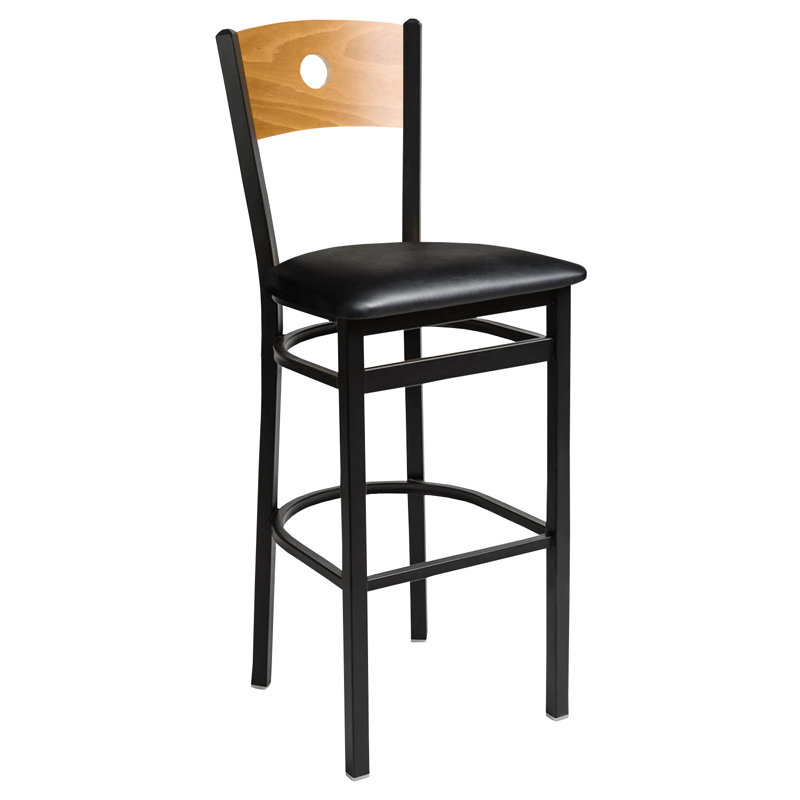 Darby Circle Wood Back Barstool - Light Cherry Back - Quick Ship Black Vinyl Seat - Steel Frame - Sand Black Finish