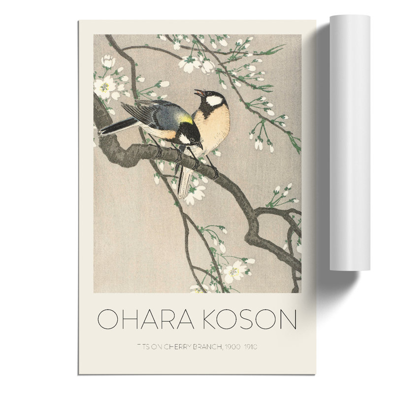 Tits On A Cherry Branch by Ohara Koson - No Frame Painting, 30cm H x 21cm Wx 0.1cm D