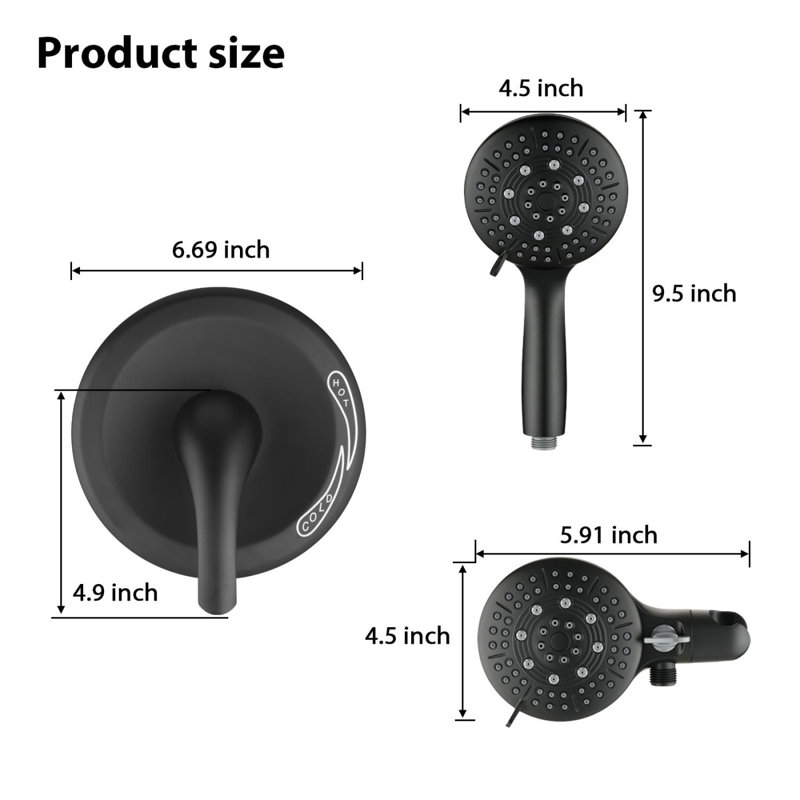 Pomme de douche à grande pression à 6 jets avec douche à main classique à haute pression Classic (valve incluse), Noir mat