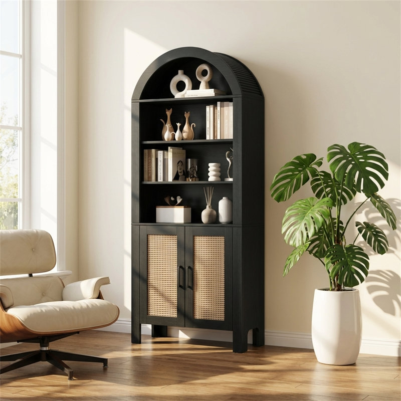 Bibliothèque arquée en rotin avec armoire de rangement, Noir