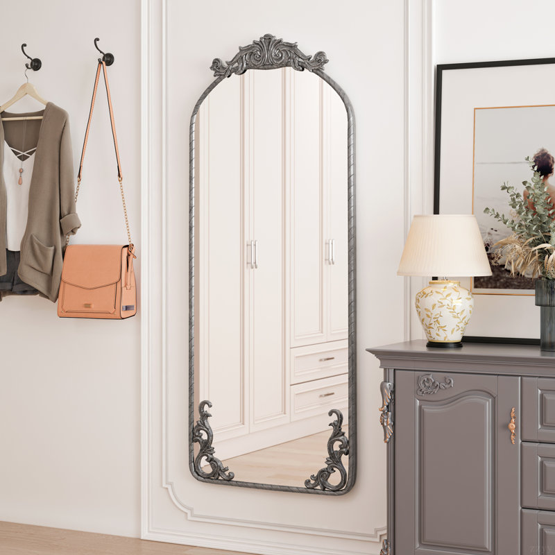 Vintage Ornate Carved Applique Full Body Mirror, Antique Silver