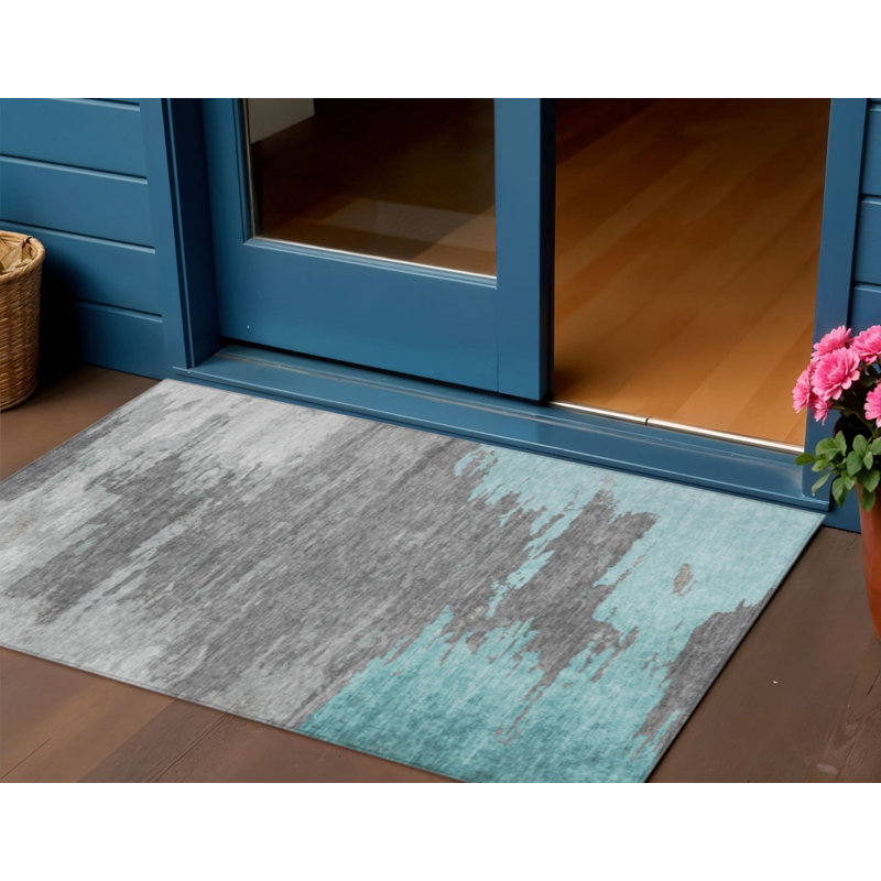 3' X 5' Teal Blue And Gray Abstract Washable Indoor Outdoor Area Rug