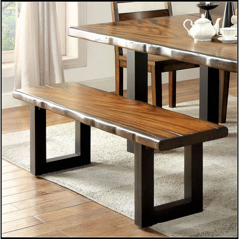 Banc de salle à manger en bois massif de style industriel en bois massif avec finition en chêne massif et pieds en U à deux tons