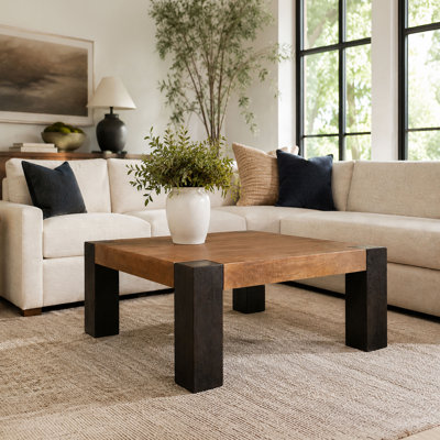 Kisa 44 Inch Square Coffee Table, Sandblasted Block Legs, Coffee Brown Mango Wood