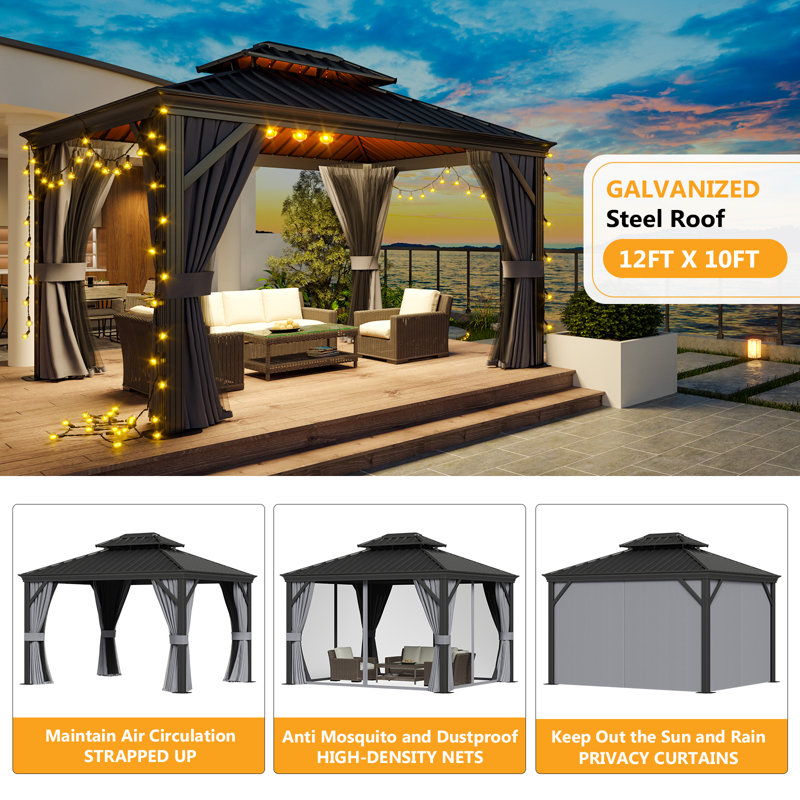 Metal Patio Gazebo, 9.3 Ft. H x 12 Ft. W x 10 Ft. D
