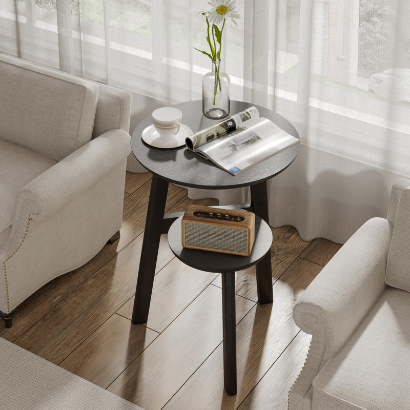 Table de bout ronde pour petits espaces, table d'appoint étroite, table de chevet d'appoint avec tablette à 2 niveaux pour la chambre à coucher et le salon, noir