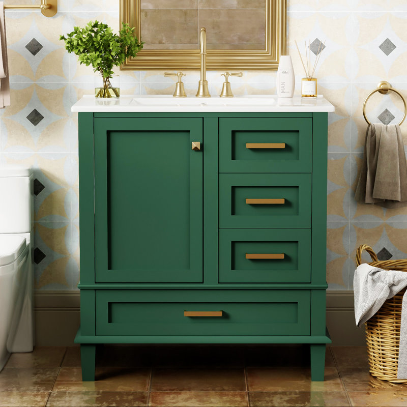 30" Bathroom Vanity Ceramic with Drawer,door,Bathroom Storage Cabinet, Green, Gold