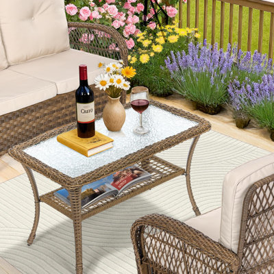  Outdoor Wicker Coffee Table, All-Weather Rattan Patio Coffee Table With 2-Tier Storage, Tempered Glass Top Rectangle Center Table For Deck, Garden, Balcony, Porch, Indoor Or Outdoor Use