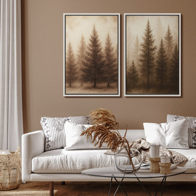 Sépia, pin, forêt, duo, paysage de forêt tranquille, impression sur toile encadrée 2 pièces