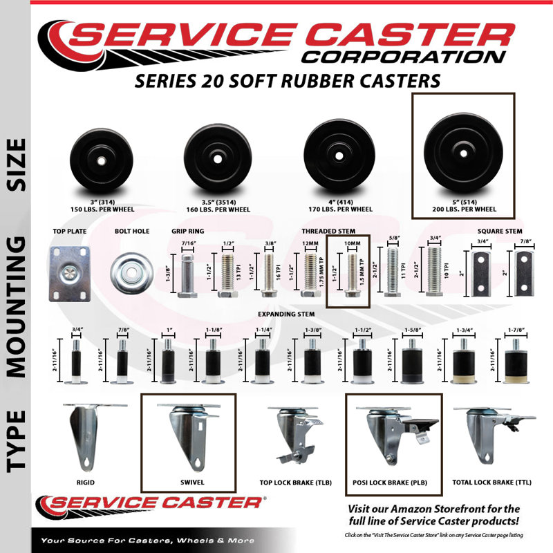 Roulettes en caoutchouc pivotantes 10 mm
