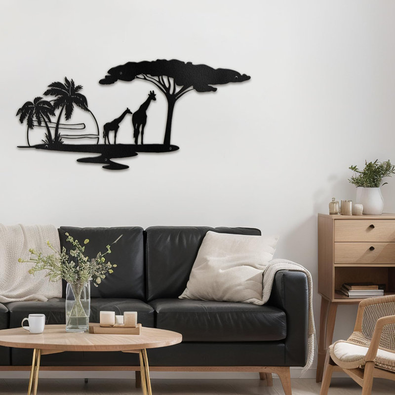 Arbres et girafes au coucher du soleil, H 11,52 po x l 24 po x P 0,05 po, Noir