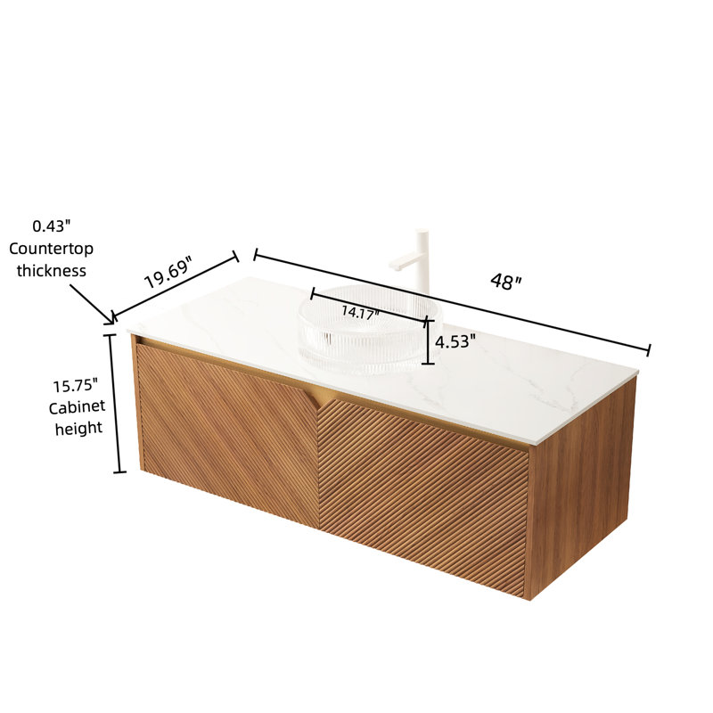 48" Bathroom Vanity With Crystal Glass Sink, Floating Plywood Storage, Oak Color, Twill Design, Soft Close Storage Cabinet,