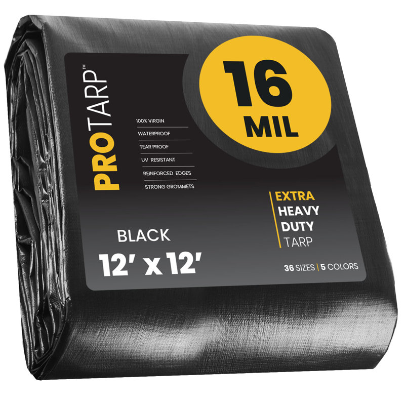 Bâche noire en polyéthylène robuste de 16 mil, imperméable et résistante aux rayons UV, 12 pi x 12 pi