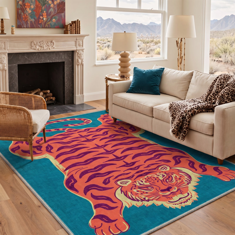 Tapis bleu sarcelle / corail à motif animal lavable à la machine avec envers antidérapant, Rectangle 8' x 10'