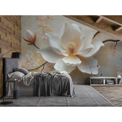 Papier peint botanique mural - Grande fleur de magnolia - Art mural botanique à effet 3D pour chambre à coucher ou salon