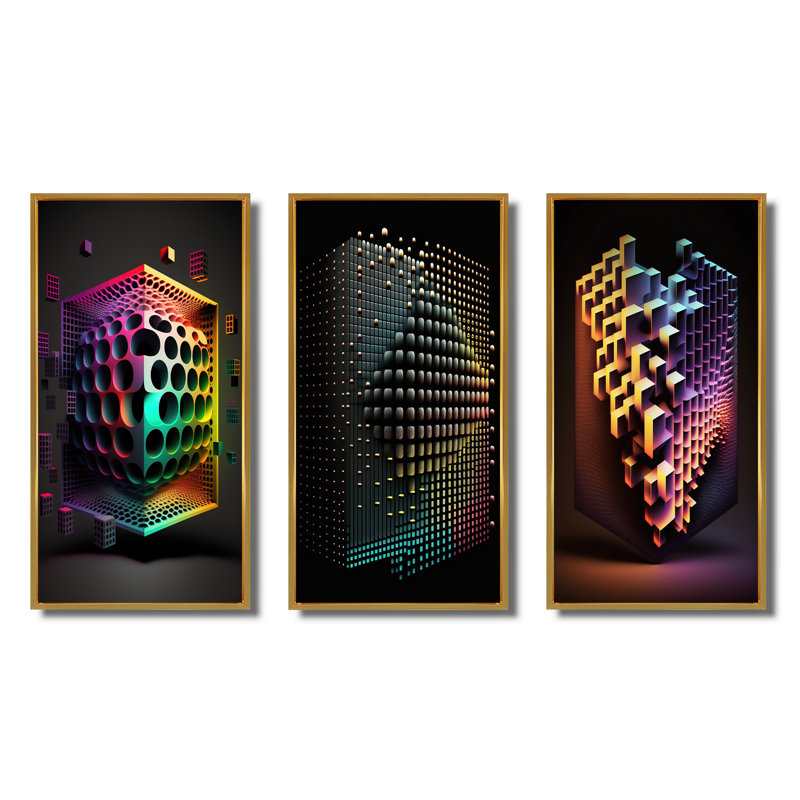 «Multidimensional Luminogram», 3 pièces sur toile, H 20 po x l 36 po, Cadre flottant doré