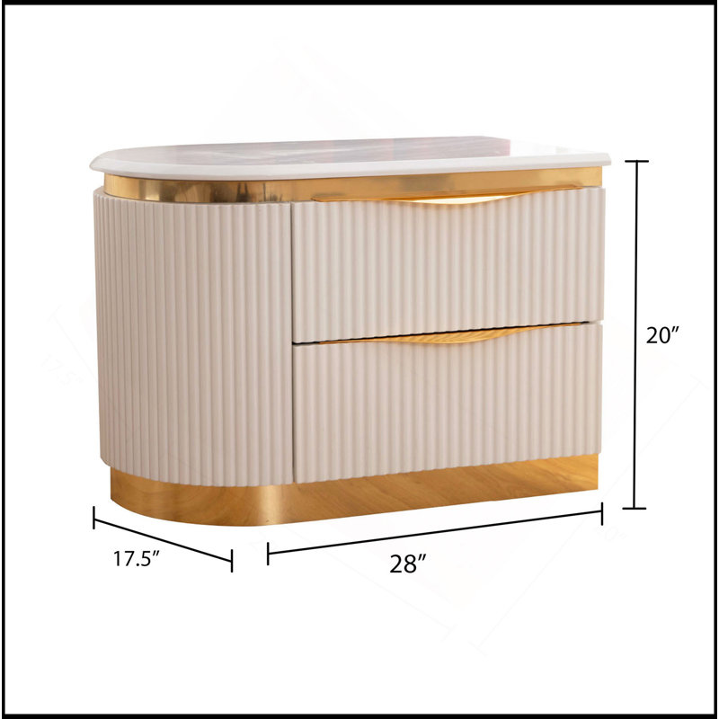 Table de chevet détaillée à 2 tiroirs à gauche en bois blanc, Blanc / argenté