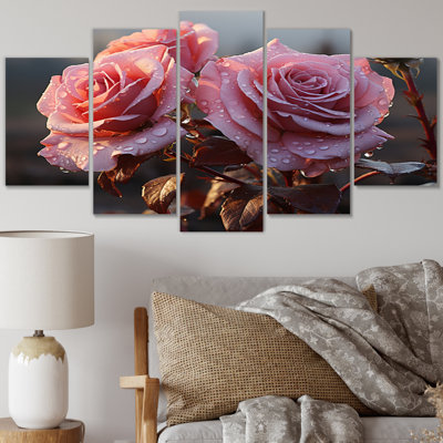 «Pink Roses Morning brillant», reproduction sur toile florale - 5 panneaux