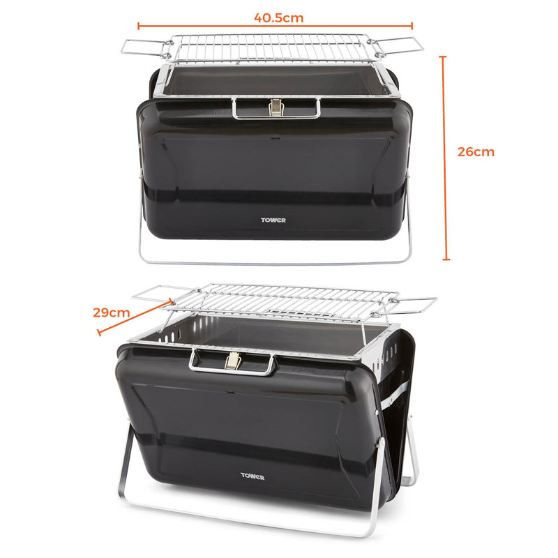 Tower Stealth Portable Charcoal Briefcase BBQ with Carry Handle, Compact Design, Black