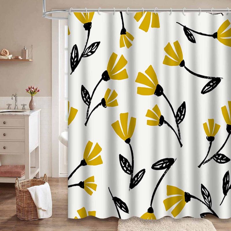 Rideau de douche imperméable à l'eau avec motif floral crème et moutarde avec 12 crochets, L 72 po x l 84 po