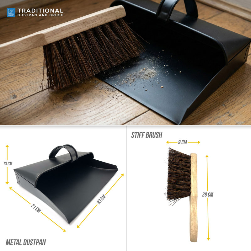 Strong Metal Hooded Dustpan with Stiff Brush