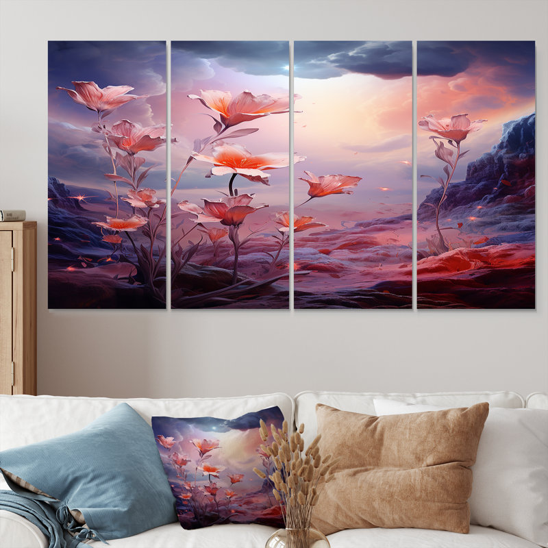 «Ephemeral Pink Flower Mountain Landscape - Abstract Landscape Wall Art», ensemble de 4 pièces, H 28 po x l 48 po