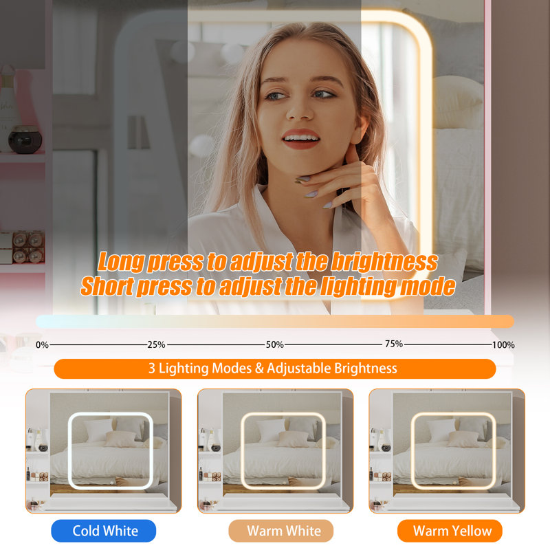 Meuble-lavabo avec miroir coulissant à DEL, coiffeuse à maquillage avec 4 tiroirs, étagère de rangement, prise de courant et tabouret rembourré, 3 modes d'éclairage réglables, ensemble de meuble-lavabo moderne pour la chambre à coucher, rose
