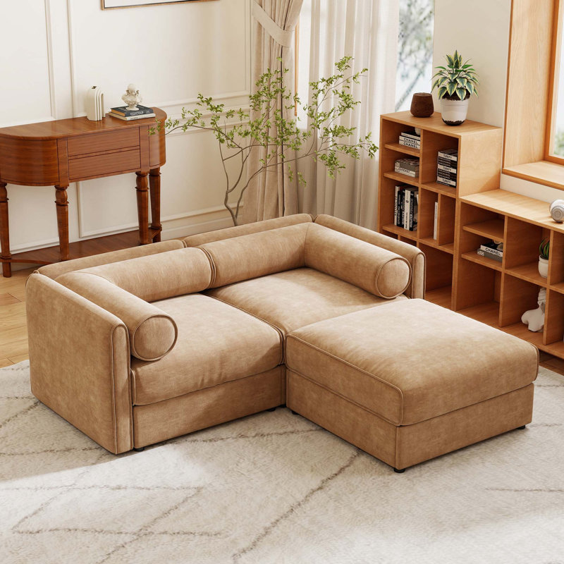 Modern Chenille 2-Seat Storage Loveseat Sofa with Cylindrical Backrest, Armrests & 1 Ottoman, Camel