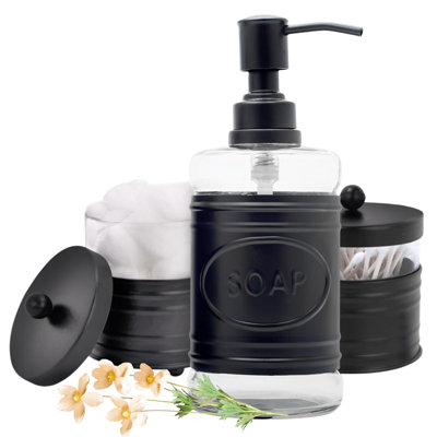 Adorable ensemble d'accessoires de salle de bain de style campagne moderne 3 pièces pour lavabo / meuble-lavabo - distributeur de savon noir mat, contenant de boule de coton avec couvercle, organisateur Cotton Swab - décor de salle de bain rustique