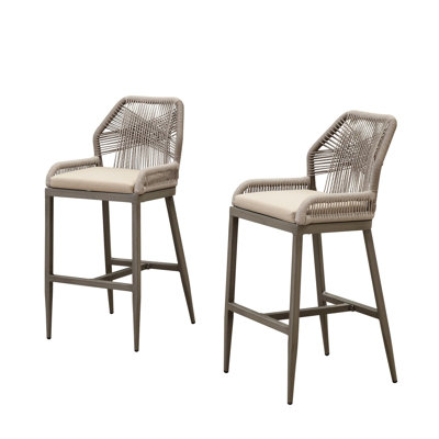 Purple Leaf Patio Upcycled Fabric Bar Stools 28" H Set Of 2 Handwoven Wicker Bar Height Stool Modern Aluminum High Bar Chairs Outdoor Wicker Barstools With Back And Cushion For Kitchen Pool Island