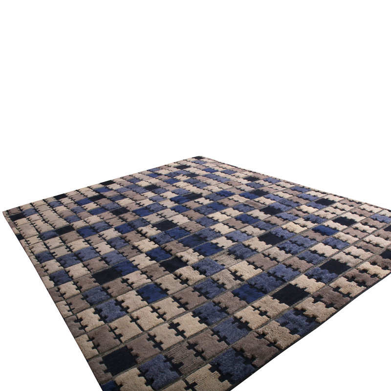 Scandinavian Rug In Gray, Blue, Black Geometric Pattern By Rug & Kilim, Rectangle 10' x 14'