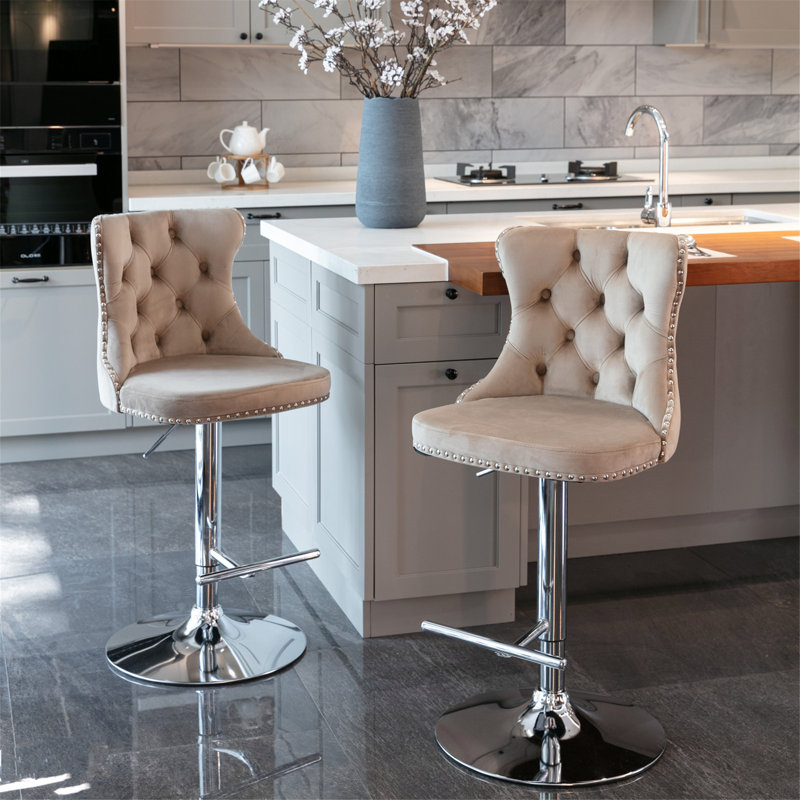 Tabourets de bar pivotants en velours, 2, Argent argent, Brun