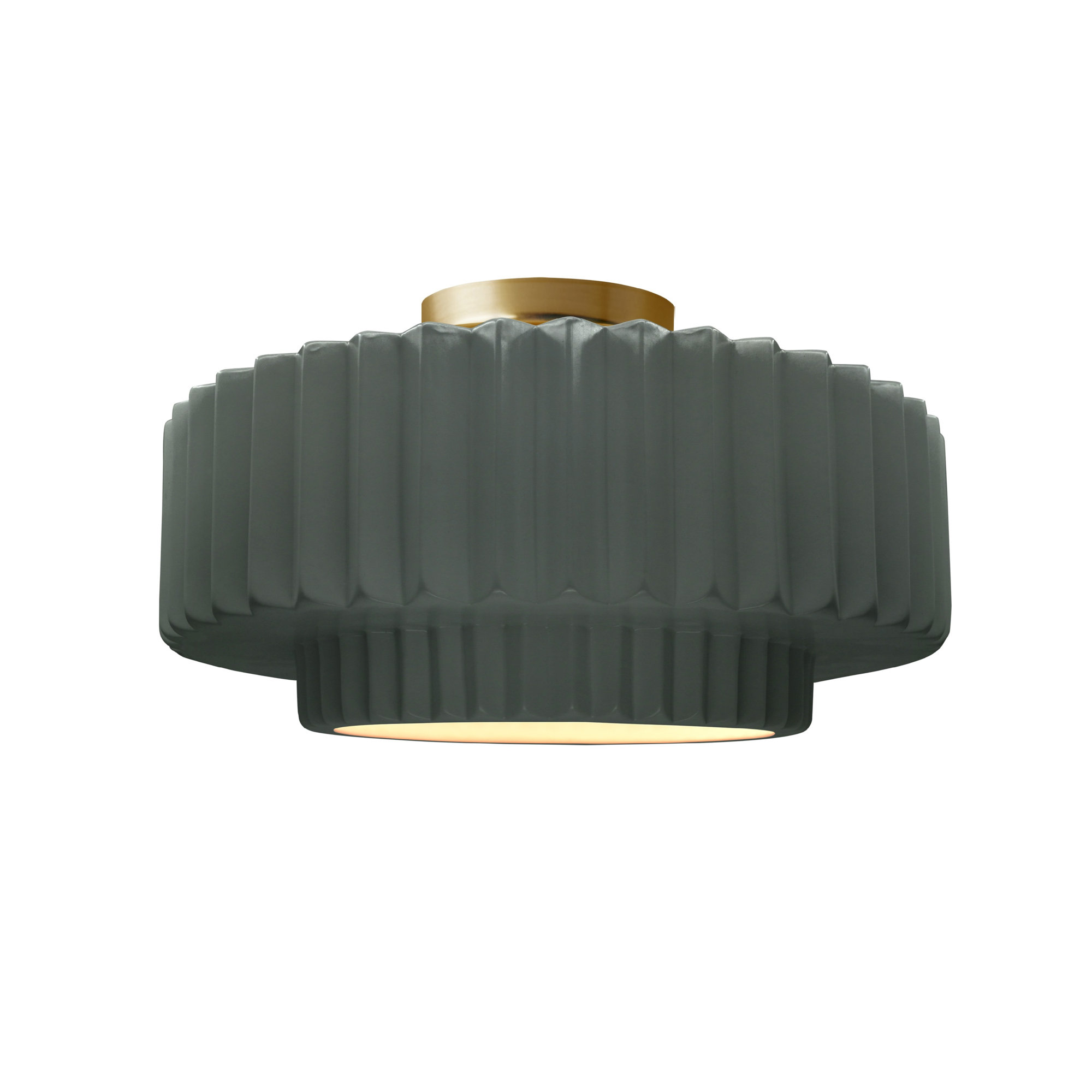 Single Light Ceramic LED Semi Flush Mount, Pewter Green, 7.25" H x 14.5" W x 14.5" D, Brushed Brass