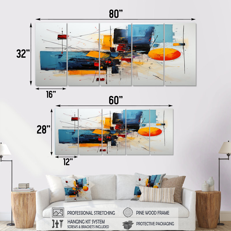 Ensemble de 5 décorations murales abstraites à coucher orange déconstruit, H 28 po x l 60 po