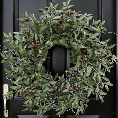 Couronne d'olivier couronnes de 26 pouces pour la porte d'entrée avec baie d'olivier dense et réaliste faite à la main, élégante couronne de décoration intérieure idéale pour la porte d'entrée, les couloirs, tout espace que vous souhaitez illuminer