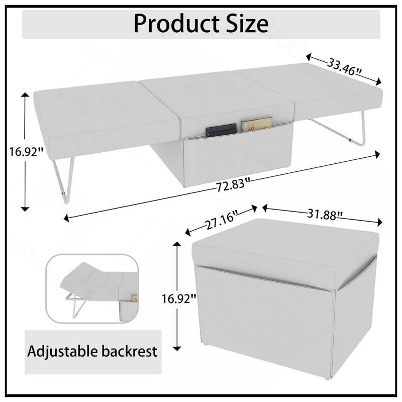 Convertible Sofa Bed, 4 In 1 Multi-Function Folding Ottoman Sleeper, Modern Adjustable Backrest For Small Spaces