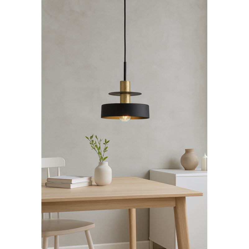 1 - Light Matte Black Drum Pendant, Black/Gold